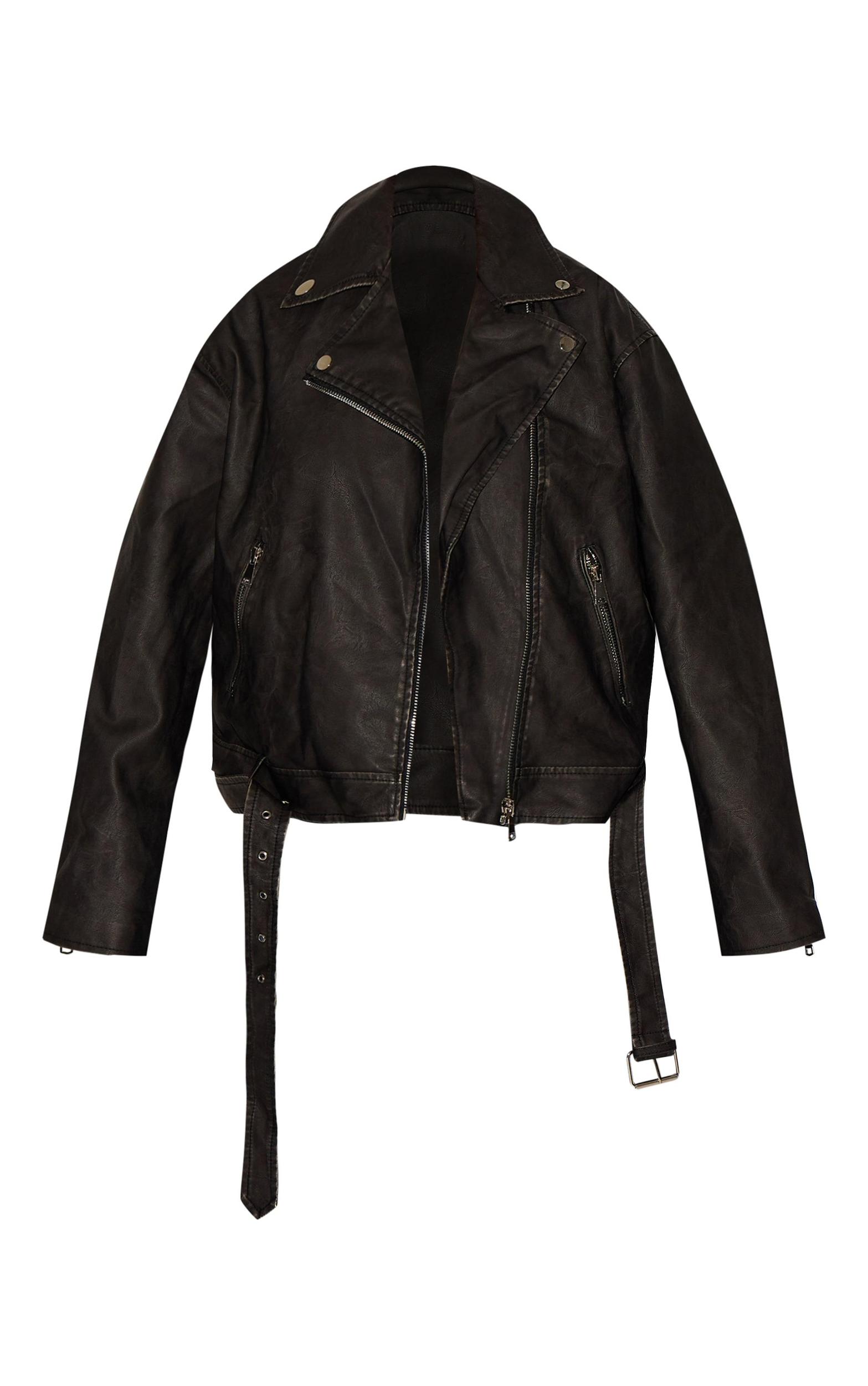 Plus Black Vintage Faux Leather Oversized Zip Up Biker Jacket Product Image