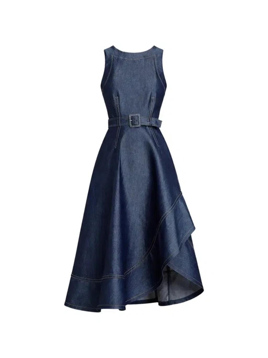 CINQ À SEPT Zelda Belted Asymmetric Sleeveless Denim Midi Dress In Indigo Product Image