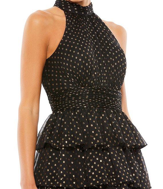 Mac Duggal A-Line Tiered Ruffle Halter Neck Sleeveless Midi Dress Product Image