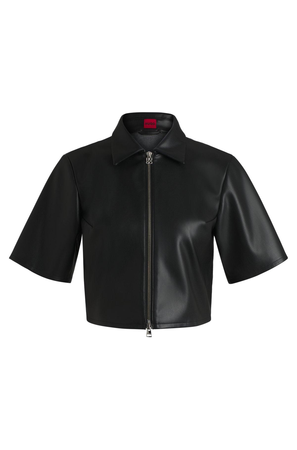 HUGO - Sharp-fit top in faux leather with point collar - Black Product Image