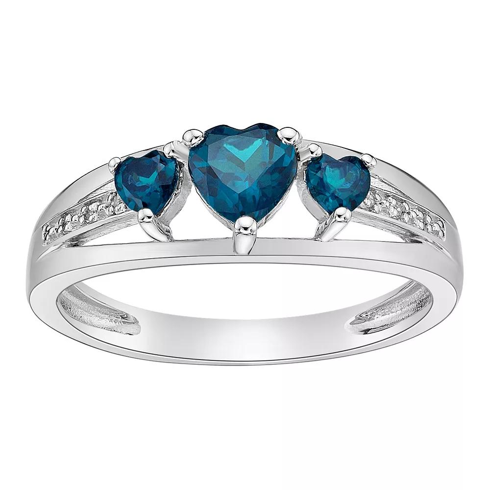 Gemminded Sterling Silver Heart-Cut London Blue Topaz & Diamond Accent 3-Stone Ring, Women's, Size: 6 Product Image