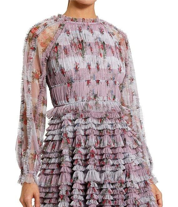 Mac Duggal Floral Mesh Long Sleeve Ruffle Mini Dress Product Image