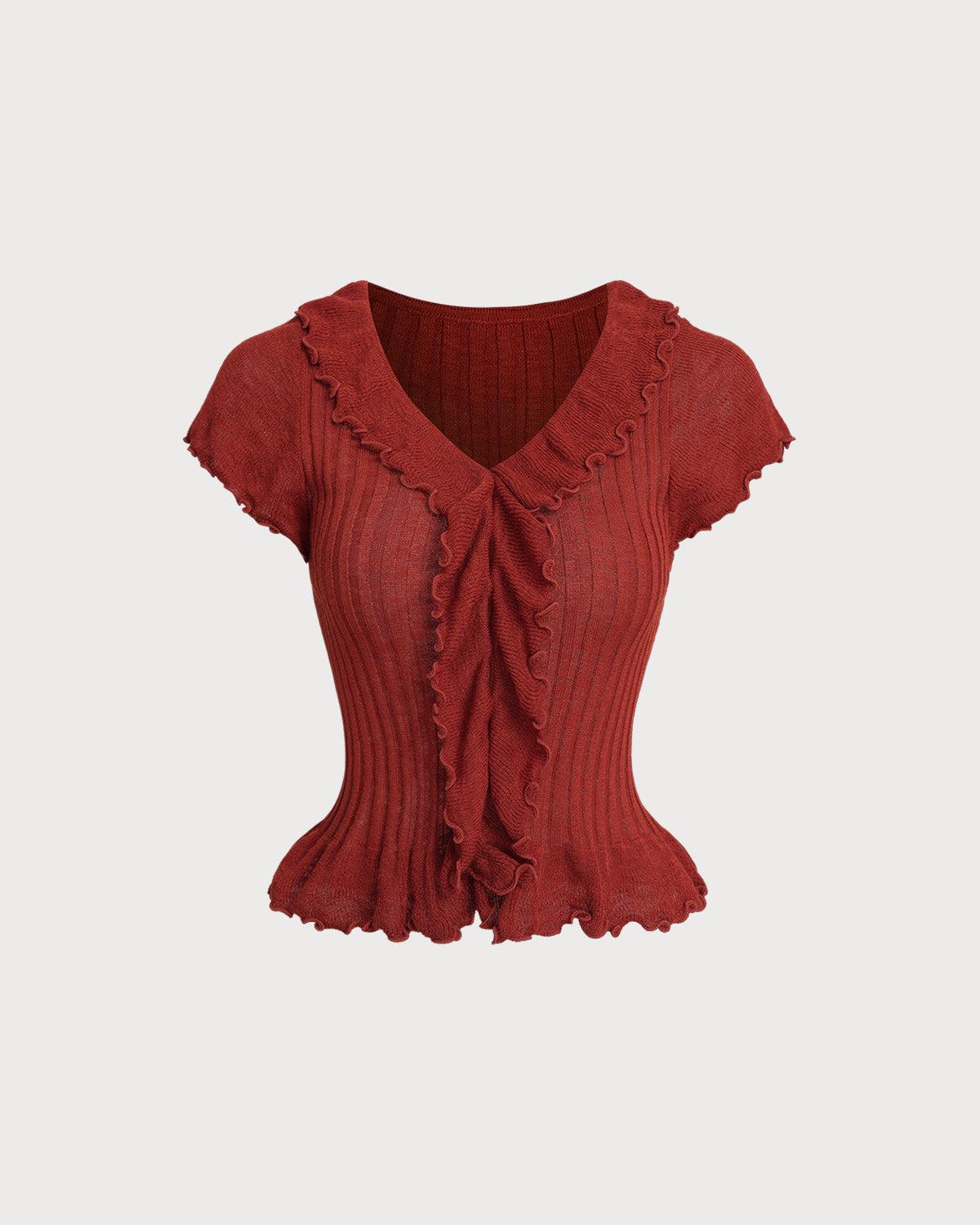 Wine Red Ruffle Button Cardigan Product Image