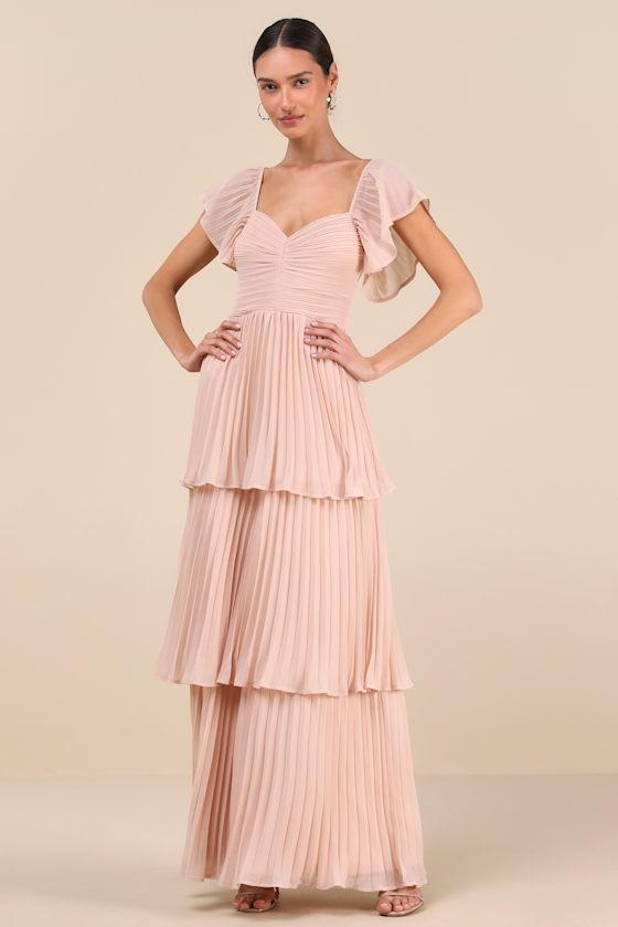 Notorious Charm Blush Pleated Flutter Sleeve Maxi Dress Product Image