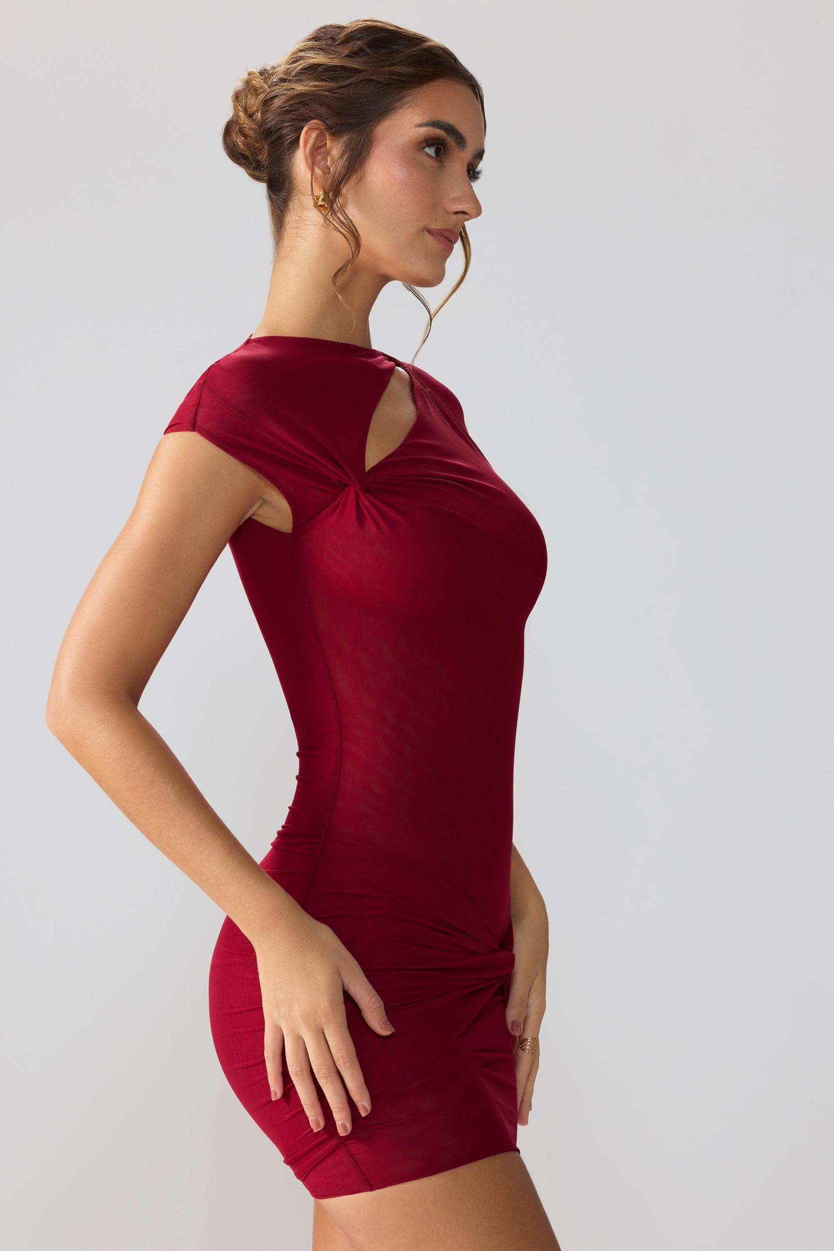 Mesh Cap Sleeve Cut Out Mini Dress in Ruby Product Image