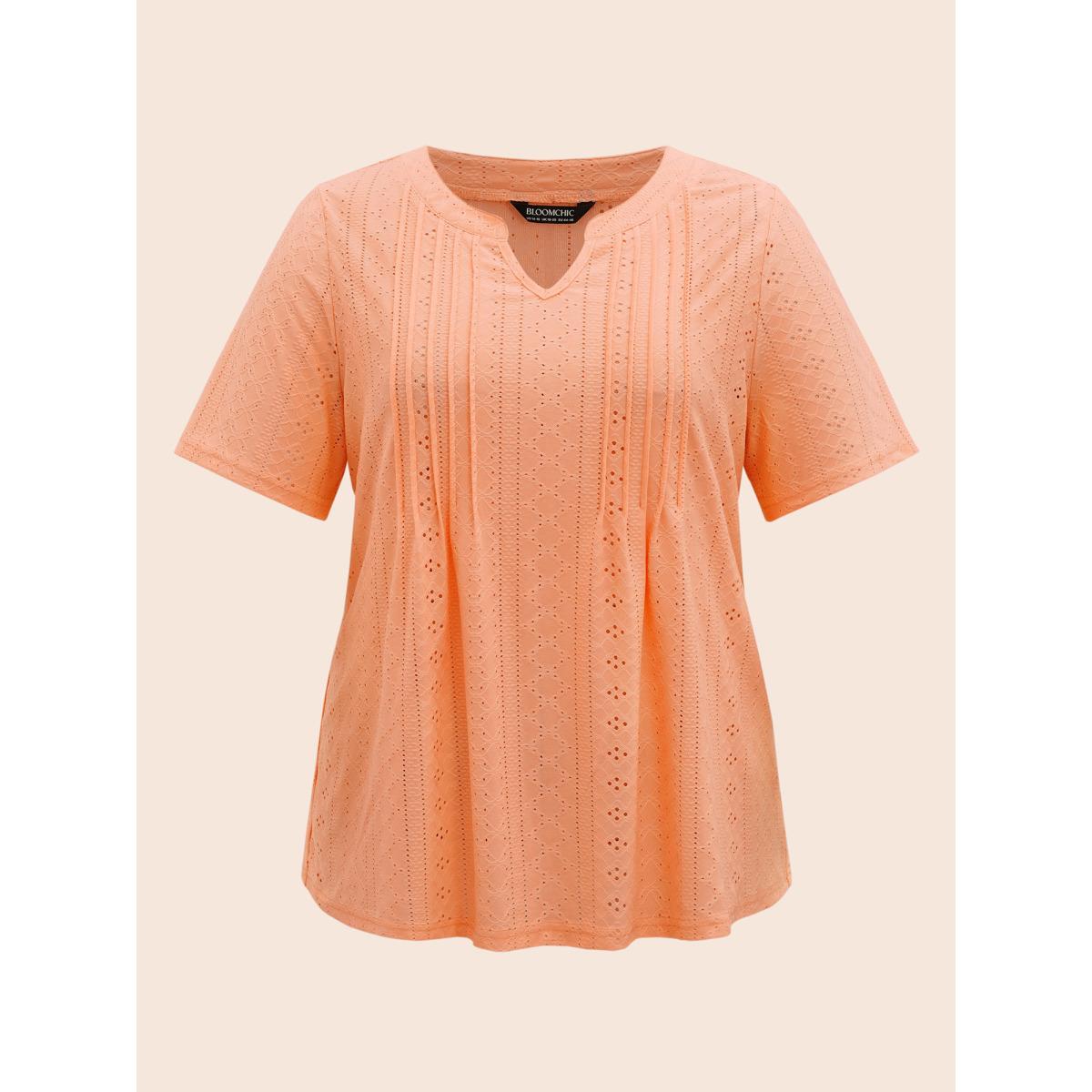 Plus Size Notched Broderie Anglaise Pleated T-shirt Lightorange Women Casual Texture Flat collar with V-notch Everyday T-shirts BloomChic 26/4X Product Image