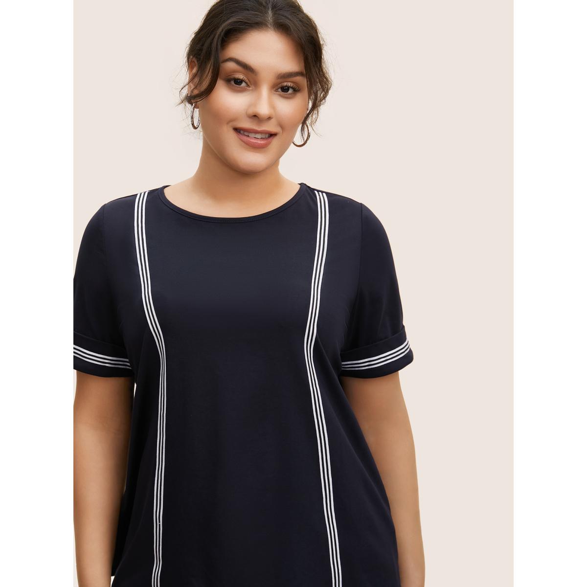 Plus Size Round Neck Contrast Webbing Cuffed Sleeve T-shirt Midnight Women Casual Contrast Round Neck Everyday T-shirts BloomChic 12/L Product Image