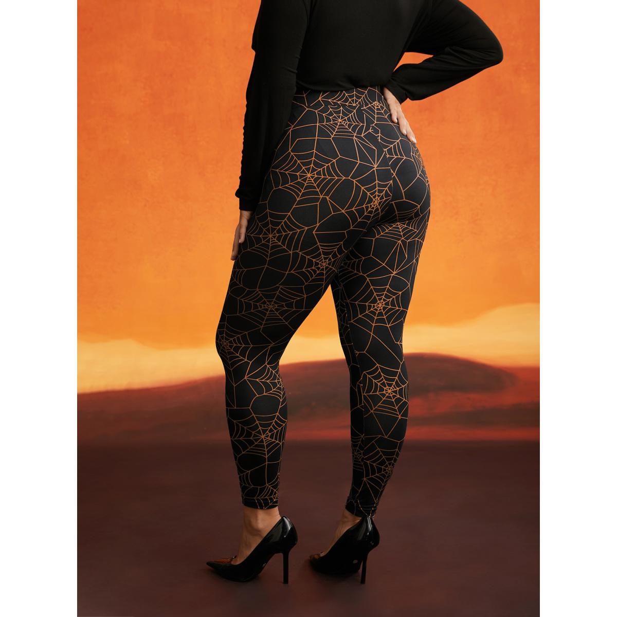 Plus Size Spider Web Printed Slim-Fit Pants Women Brightorange Elegant High stretch Skinny Mid Rise Everyday Leggings BloomChic 30/6X Product Image