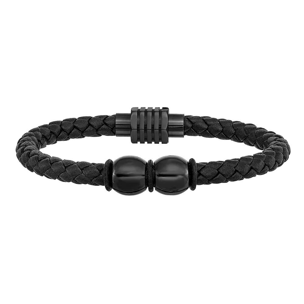 Men's Black Stainless Steel Polished Rubber and Leather Bracelet,  Product Image