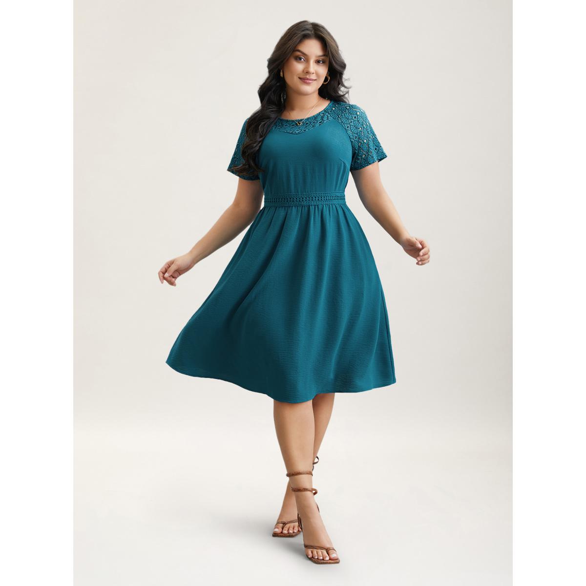 Plus Size Lace Cut-Out Raglan Sleeve Pockets Midi Dress Aegean Women Timeless Woven ribbon&lace trim Round Neck Short sleeve Curvy BloomChic 18-20/2X Product Image