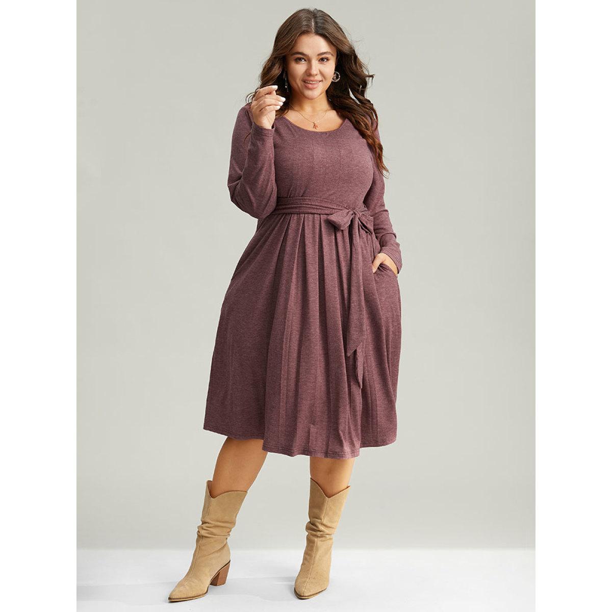 Plus Size Plain Pleated Hem Belted Long Sleeve Dress DustyPink Women Elegant Plain Round Neck Long Sleeve Curvy Midi Dress BloomChic 14-16/1X Product Image
