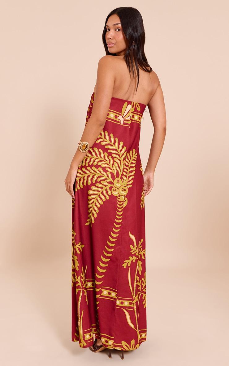 Deep Red Palm Print Woven Bandeau Maxi Dress Product Image