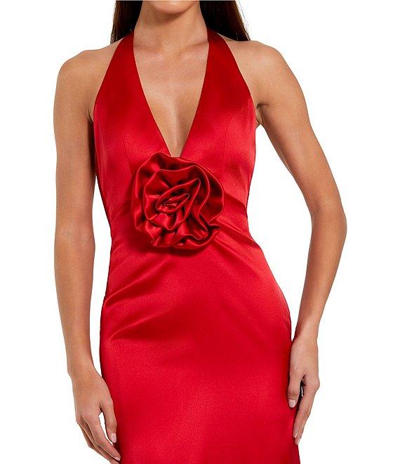 Mac Duggal Fitted Satin Halter V-Neck Sleeveless 3D Flower Open Back Sheath Dress Product Image