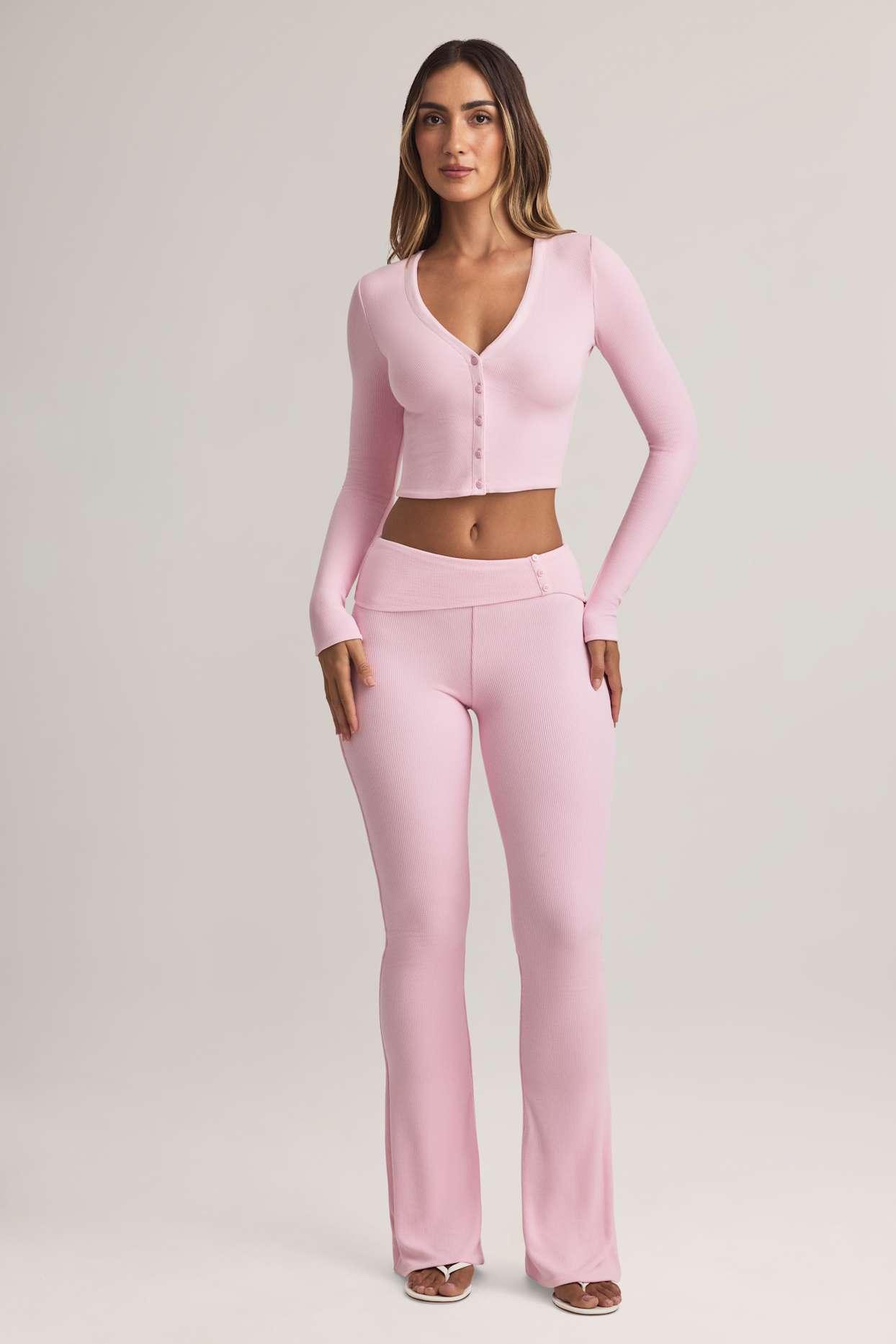 Modal Foldover Mid-Rise Flared Trousers in Pastel Pink Product Image
