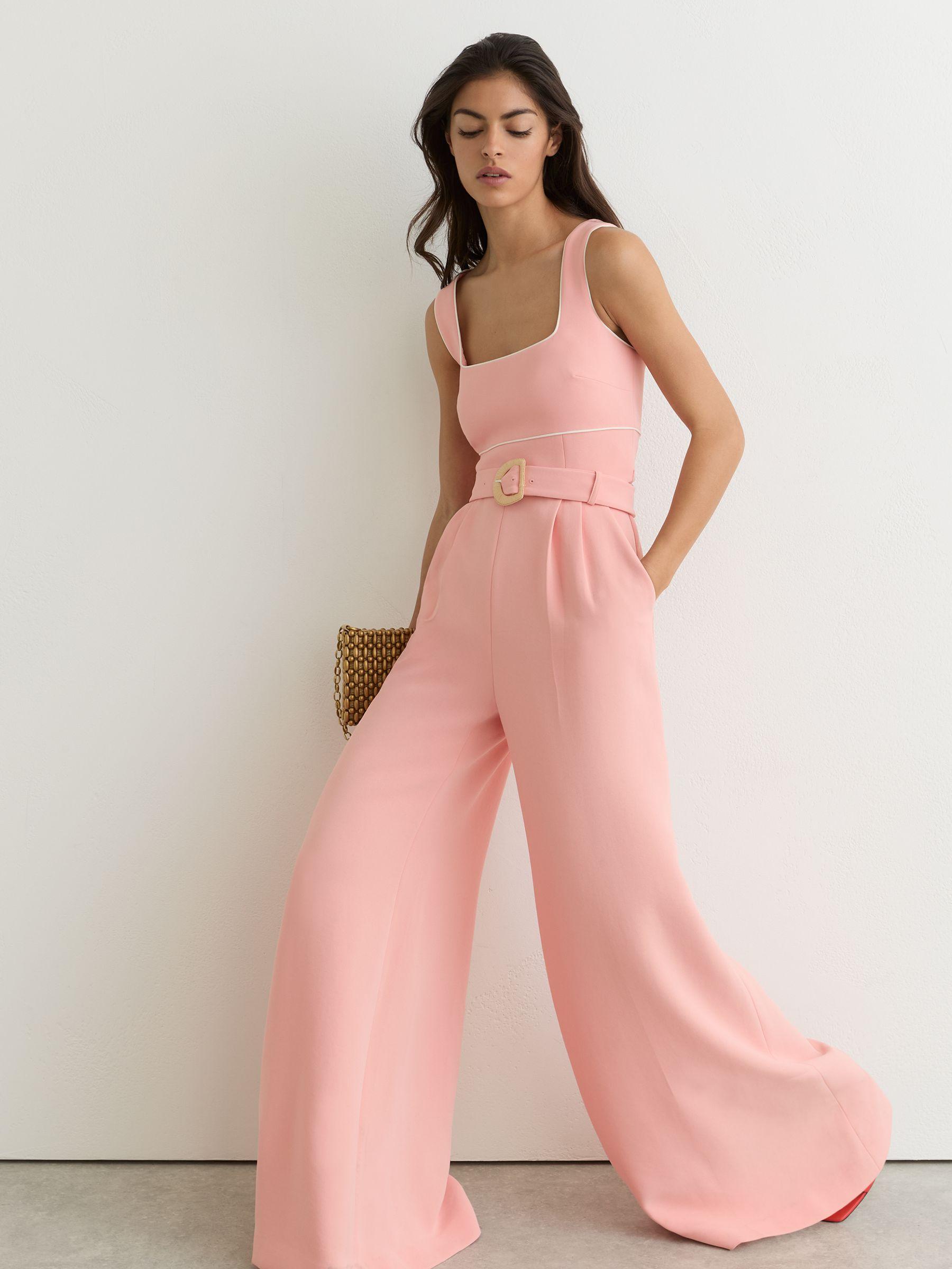 Tipped Wide-Leg Belted Jumpsuit in Pink Product Image
