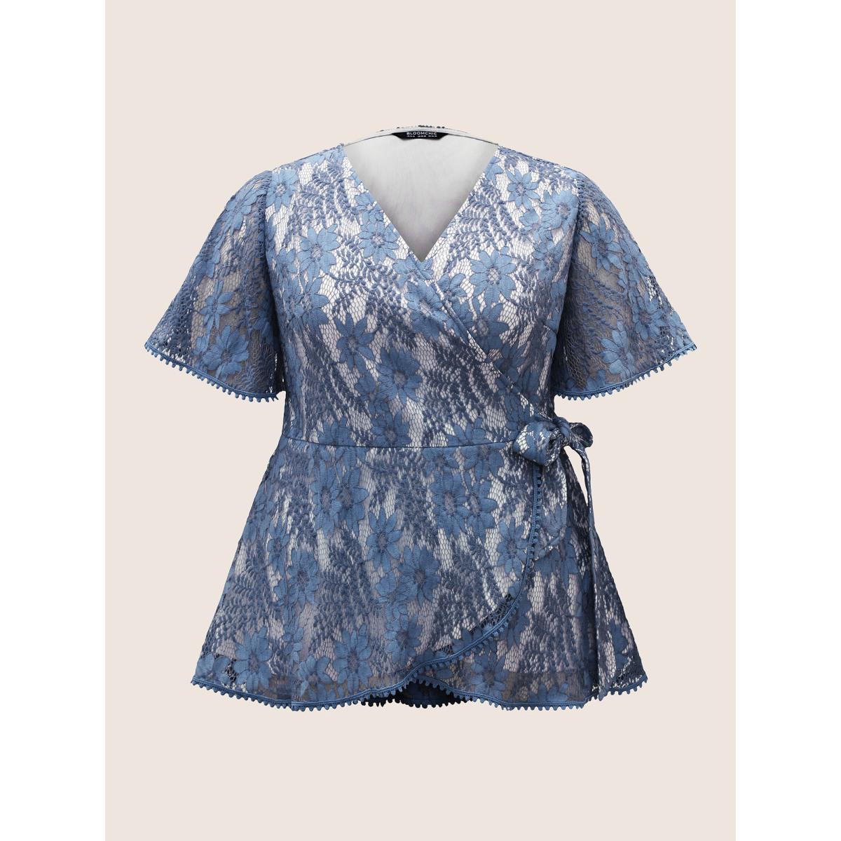 Plus Size DarkBlue Floral Crochet Lace Mesh Pompom Trim Blouse Women Elegant Short sleeve Overlap Collar Everyday Blouses BloomChic 10/M Product Image