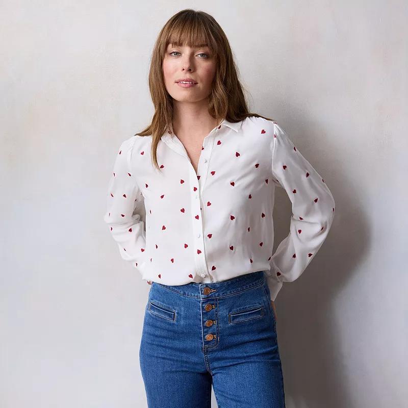 Petite LC Lauren Conrad Collared Button Front Shirt, Women's, Size: XXL Petite, Red Tossed Hearts Product Image