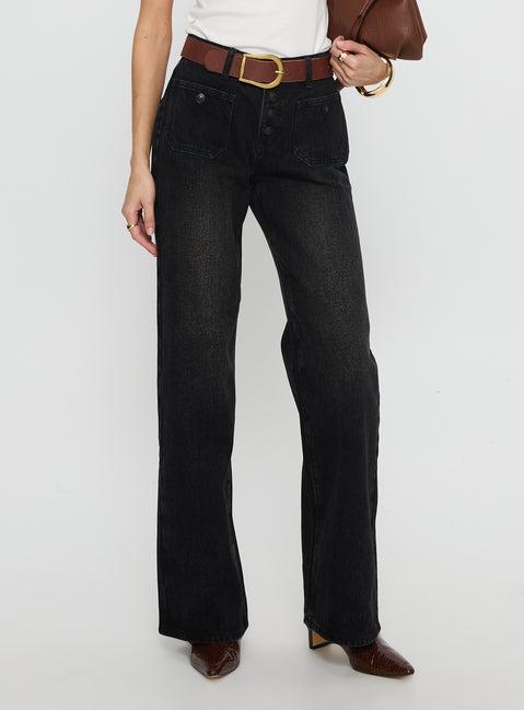 Carianne Low Rise Wide Leg Jeans Washed Black Product Image