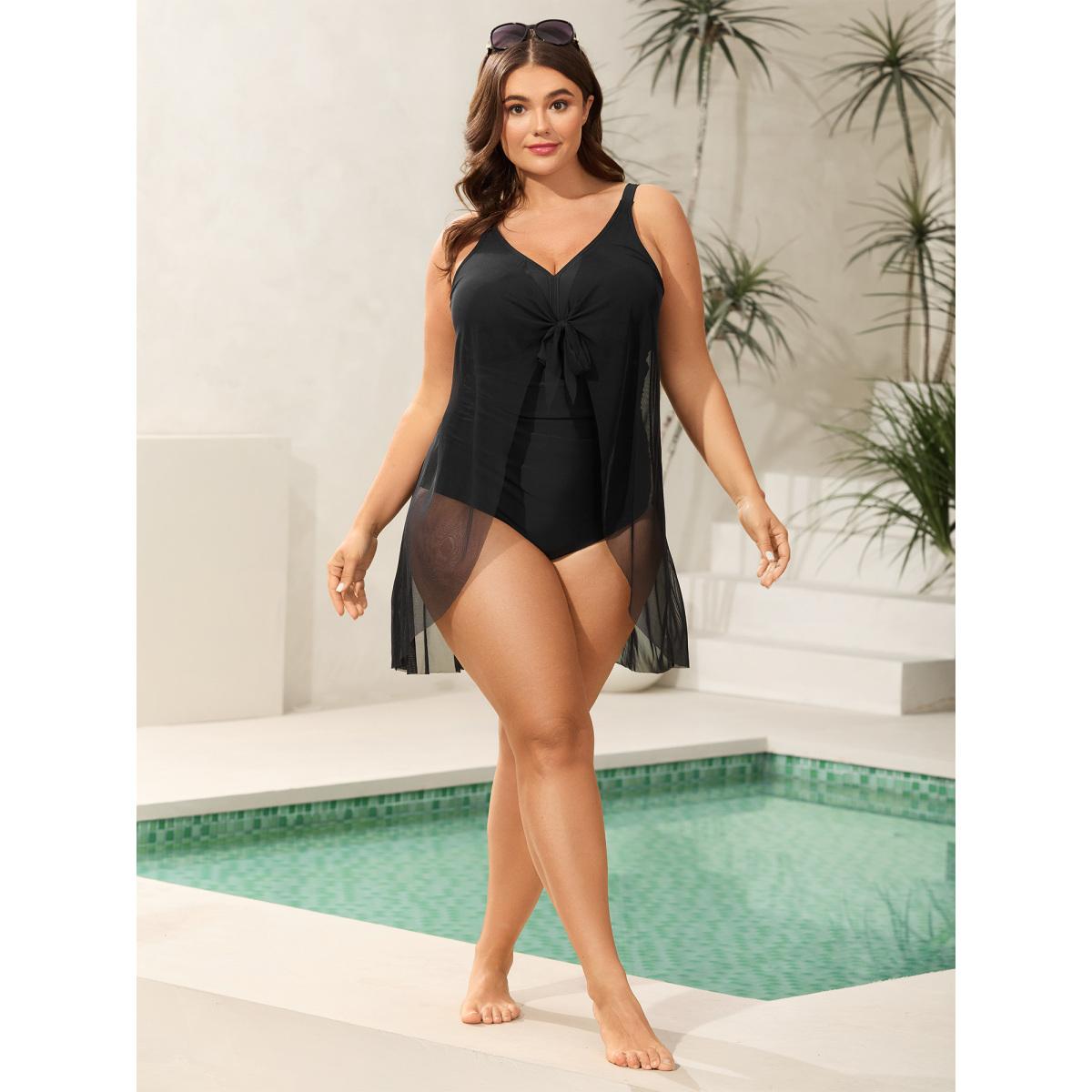 Plus Size Knotted Front Extra Coverage One-Piece Swimsuit Women's Swimwear Black Beach Tie knot Curve Bathing Suits High stretch One Pieces BloomChic 14-16/1X Product Image