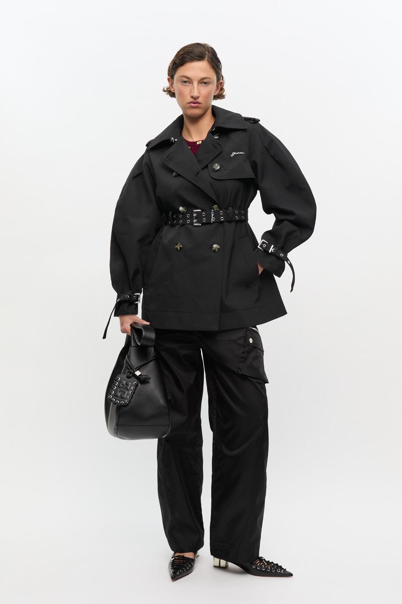 Black Heavy Twill Midi Trench Coat Product Image
