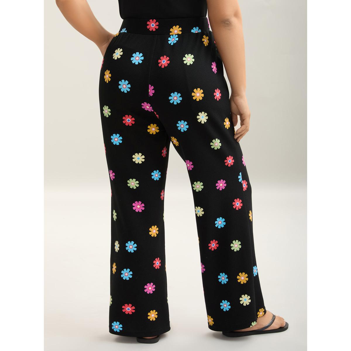 Plus Size Multi-Color Floral Print Flared Pants Women BlackFlower Playful Bodycon Mid Rise Casual Pants BloomChic 28/5X Product Image