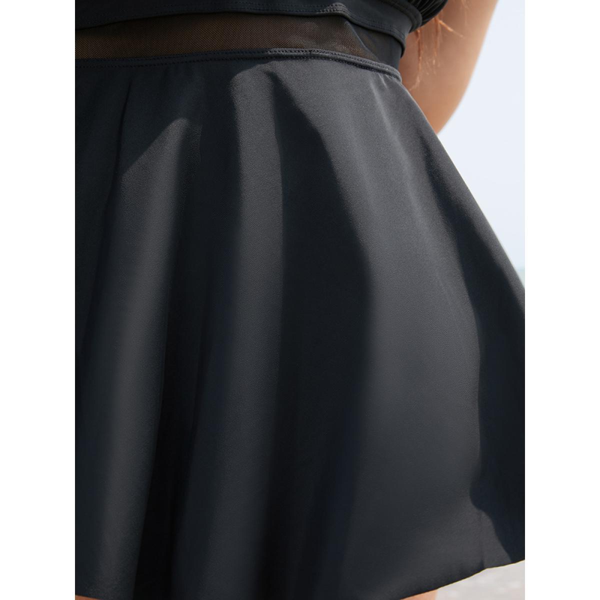 Plus Size Lace Insert Ruched Ruffles Hem Tankini Top Women's Swimwear Black Vacation Adjustable Straps High stretch Bodycon Curve Swim Tops BloomChic 12/L Product Image