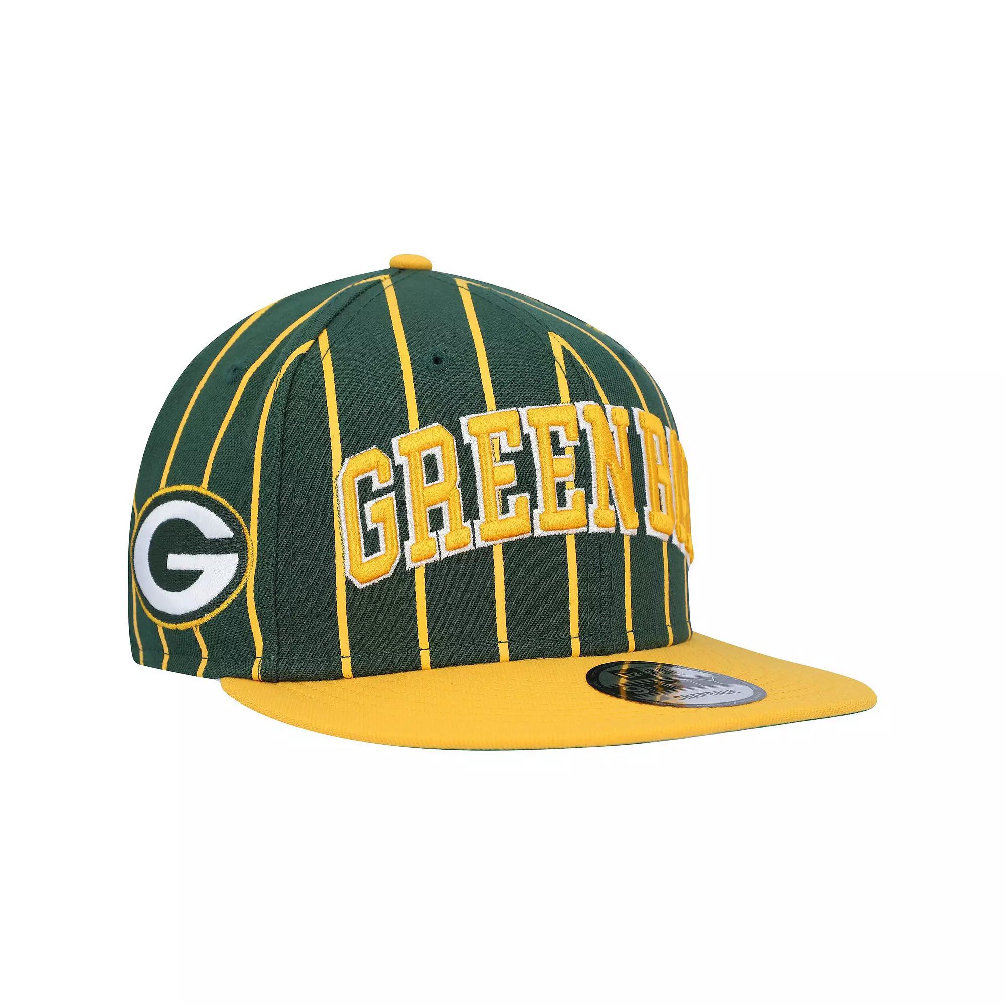 Men's New Era Green/Gold Green Bay Packers Pinstripe City Arch 9FIFTY Snapback Hat Product Image