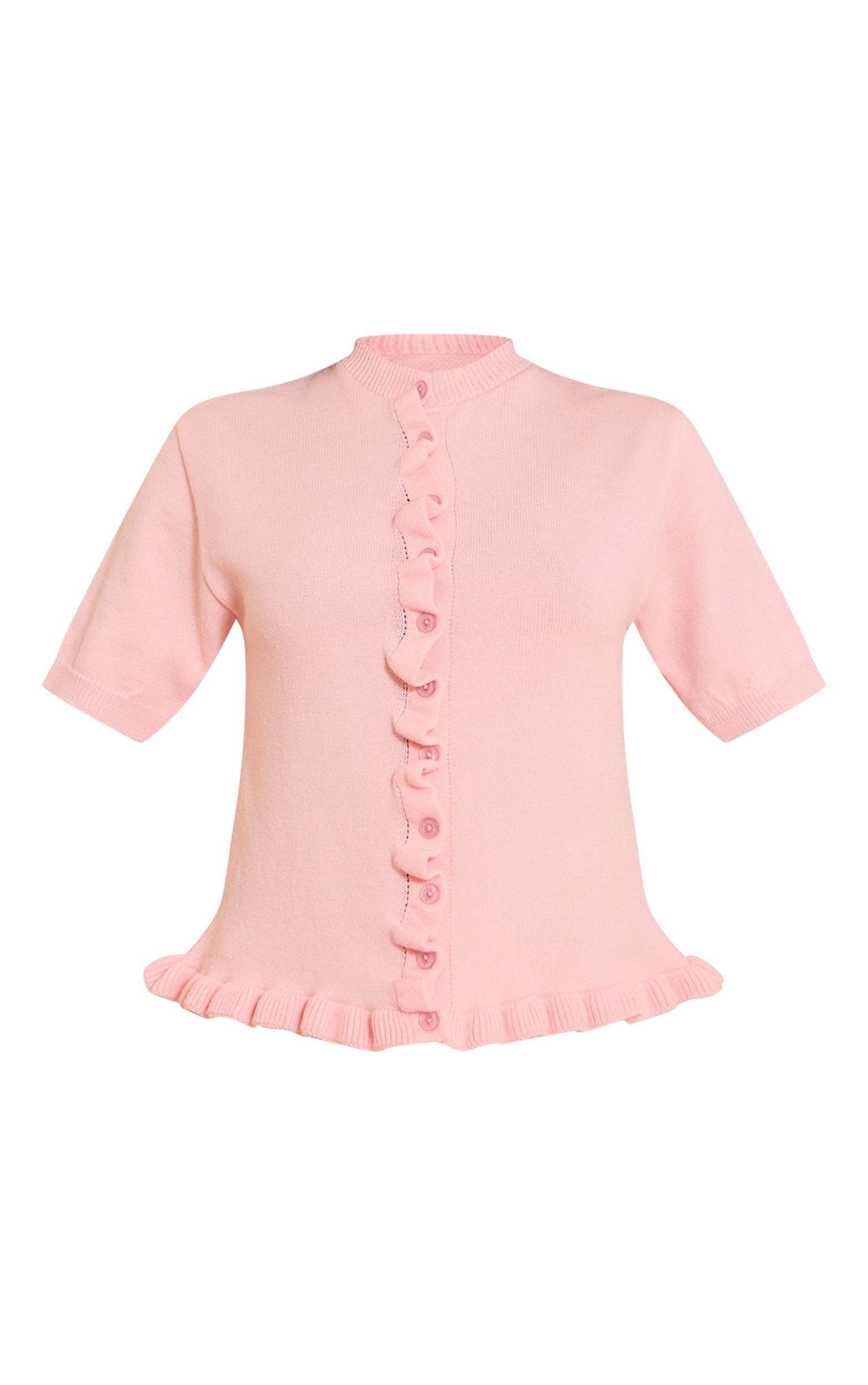  Pink Knit Ruffle Detail Short Sleeve Cardigan Product Image
