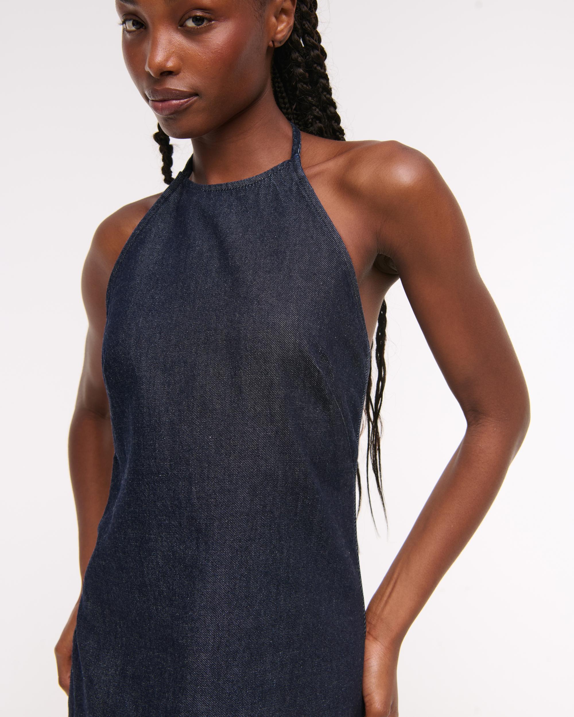 Open-Back Halter Denim Mini Dress Product Image