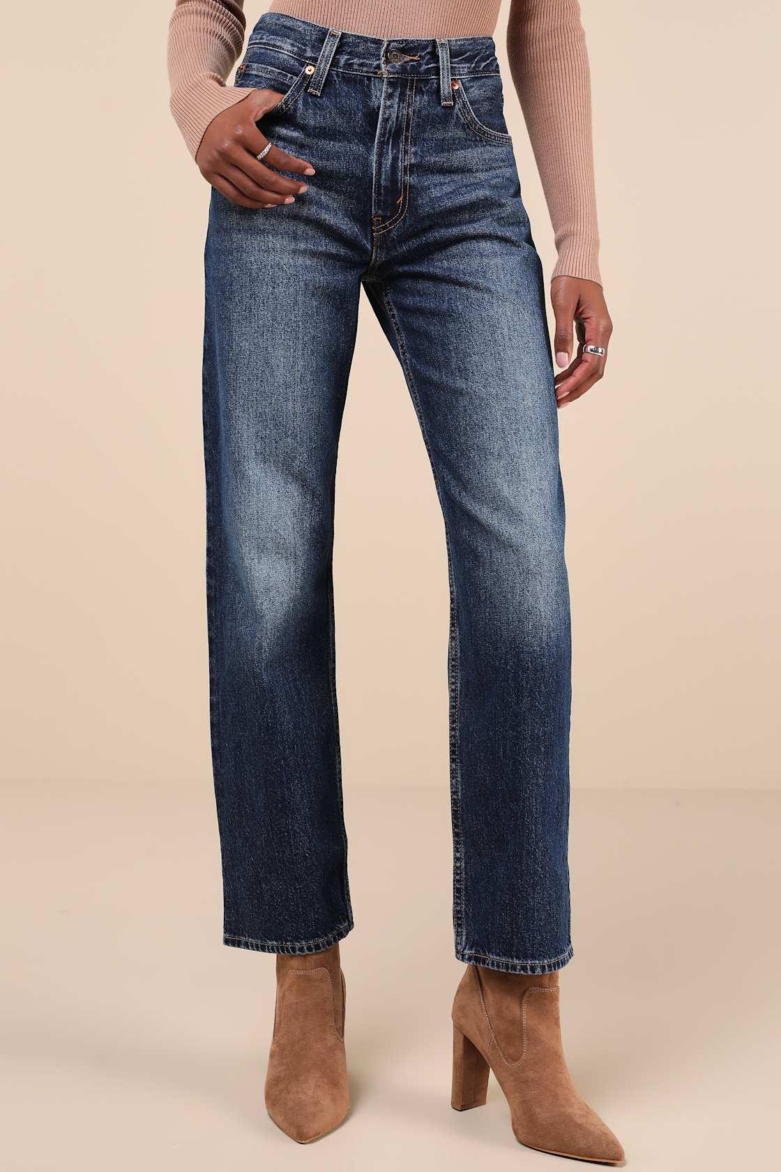 Baggy Dad Dark Wash Cotton Denim Mid-Rise Wide-Leg Jeans Product Image
