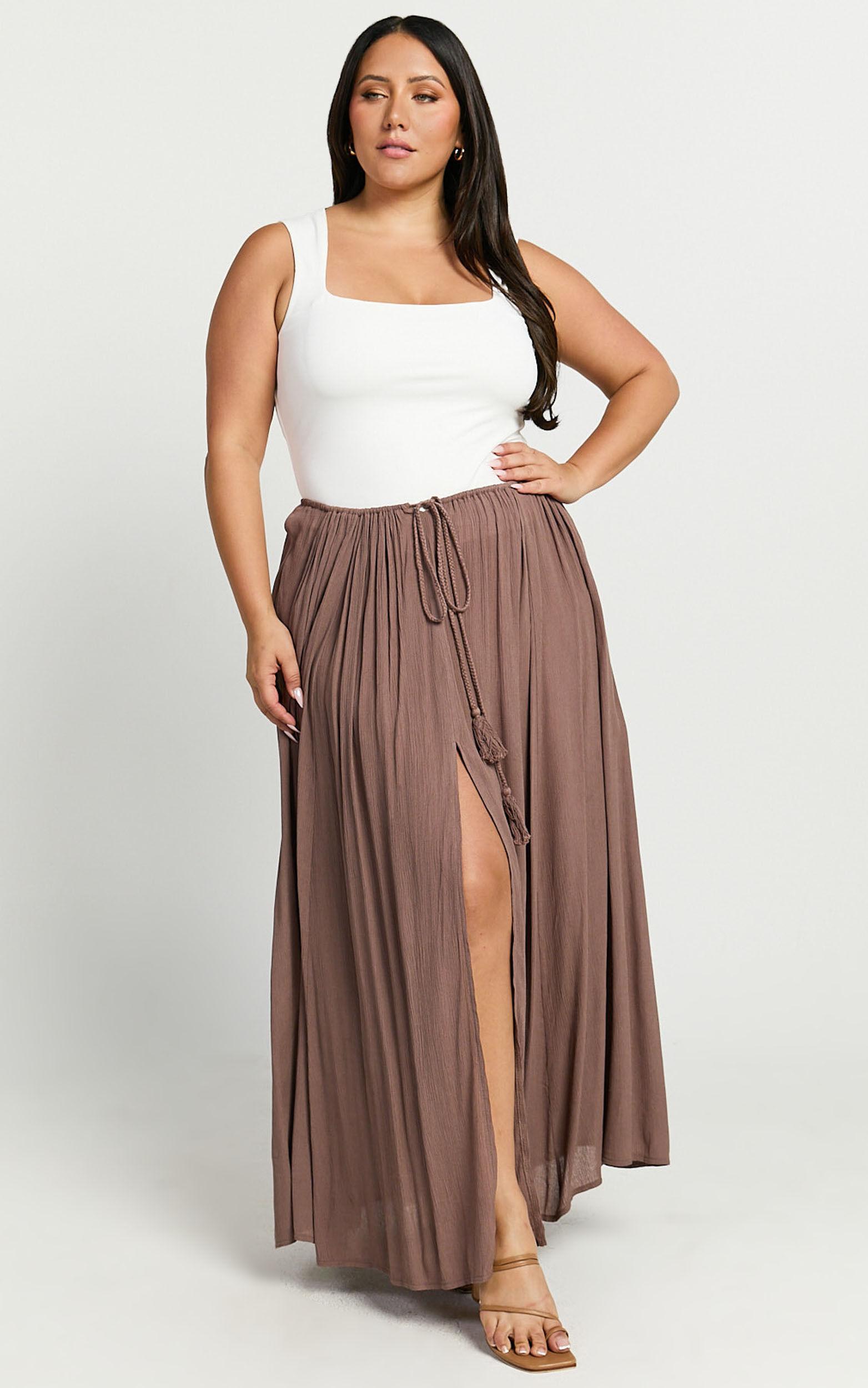 Under The Twilight Maxi Skirt - Thigh Split Skirt in Taupe Product Image