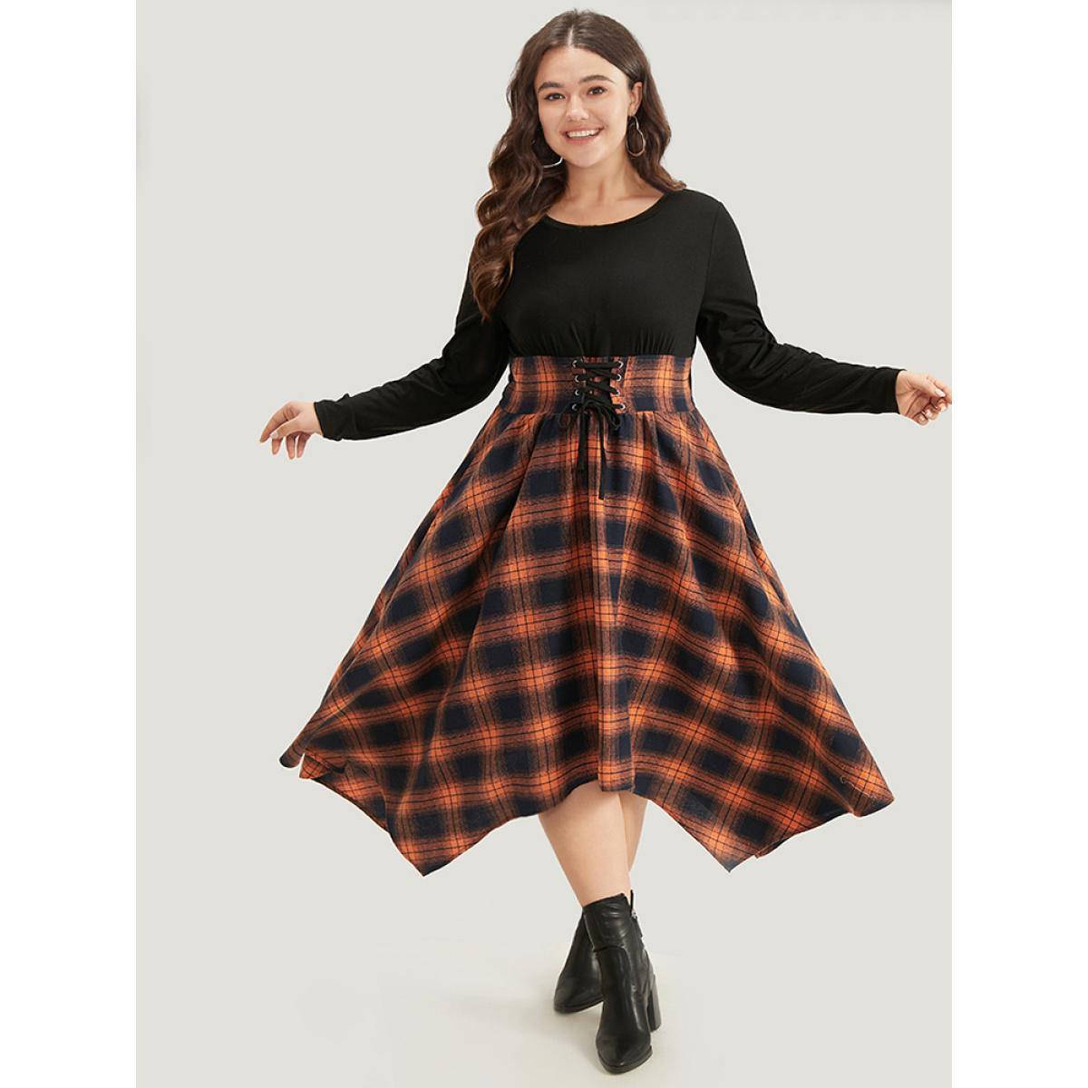 Plus Size Halloween Plaid Lace Up Pocket Asymmetrical Hem Dress Orange Women Casual Cross straps Round Neck Long Sleeve Curvy Midi Dress BloomChic 12/L Product Image