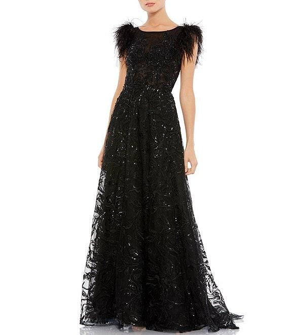 Mac Duggal Round Neck Short Feather Sleeve A-Line Beaded Floral Gown Product Image