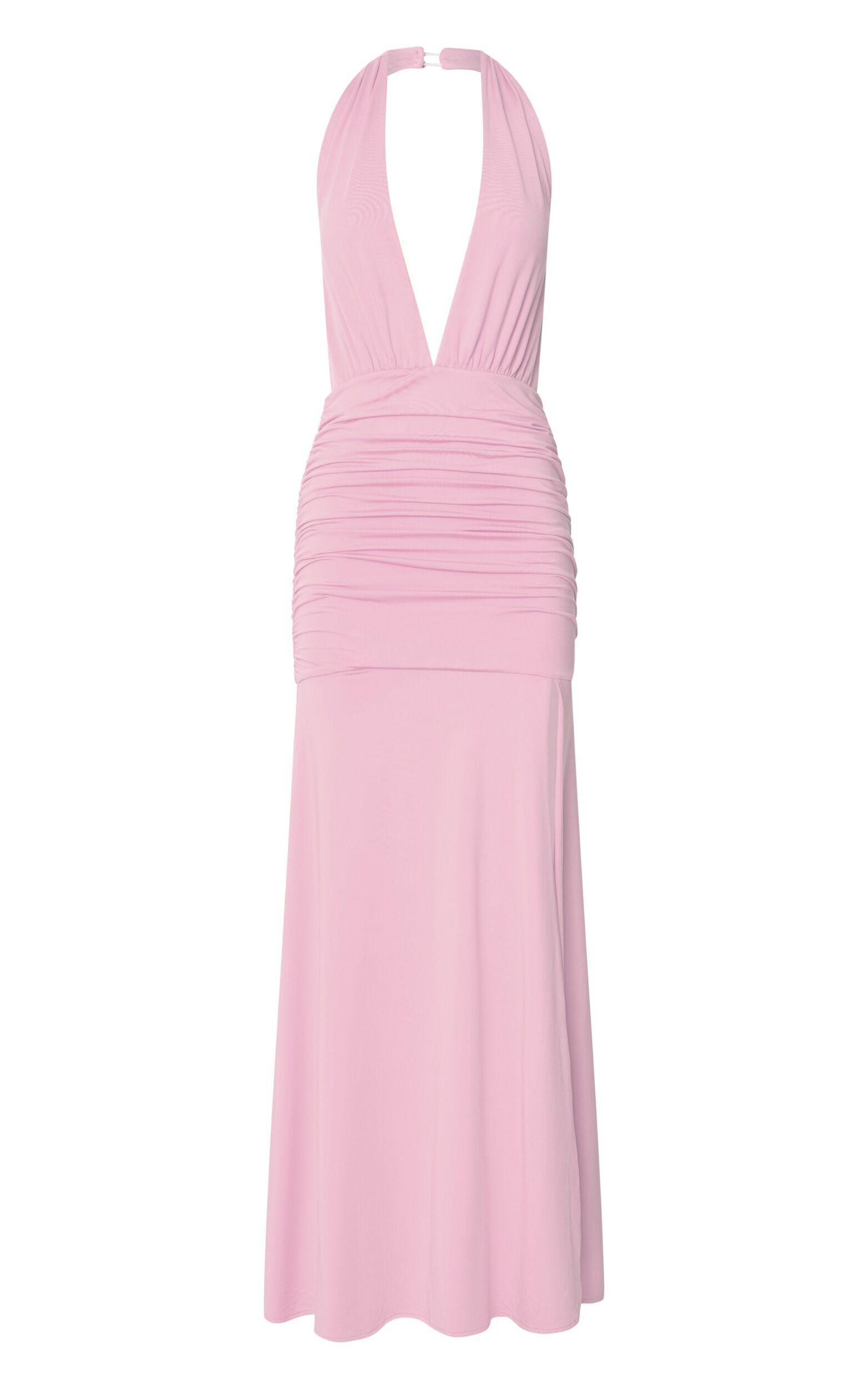 Eden Maxi Dress - Plunge Halter Neck Cut Out Bodycon Dress in Pink Product Image