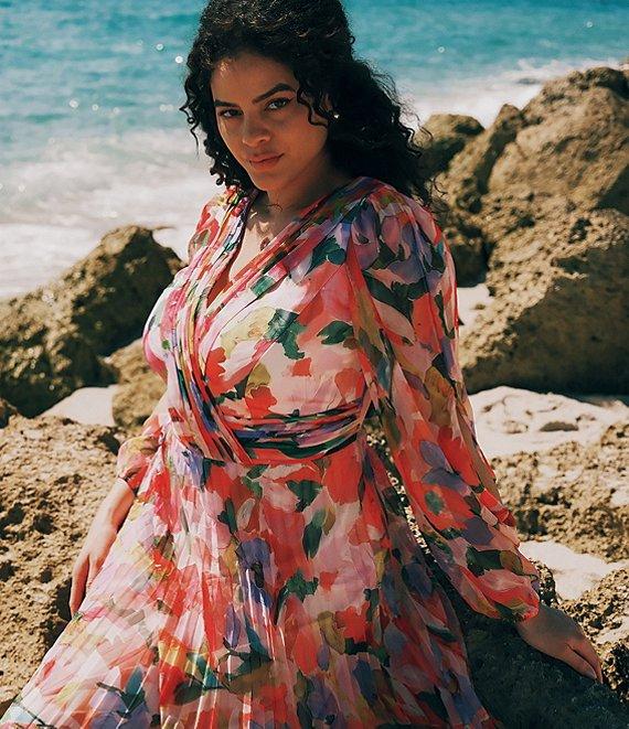 Betsy & Adam Floral V-Neck Long Sleeve Pleated Gown Product Image