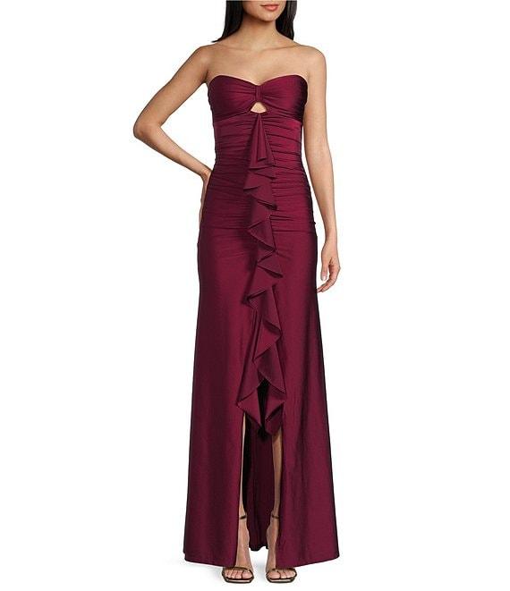 Honey and Rosie Strapless Sweetheart Neck Keyhole Center Ruffle Shirred Front Slit Gown Product Image
