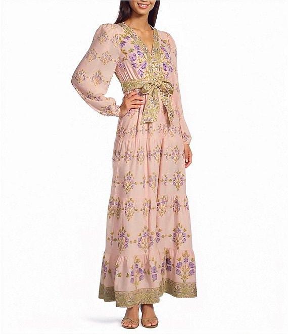 A Loves A Floral Printed Long Sleeve V-Neck Self Tie Maxi Dress Product Image