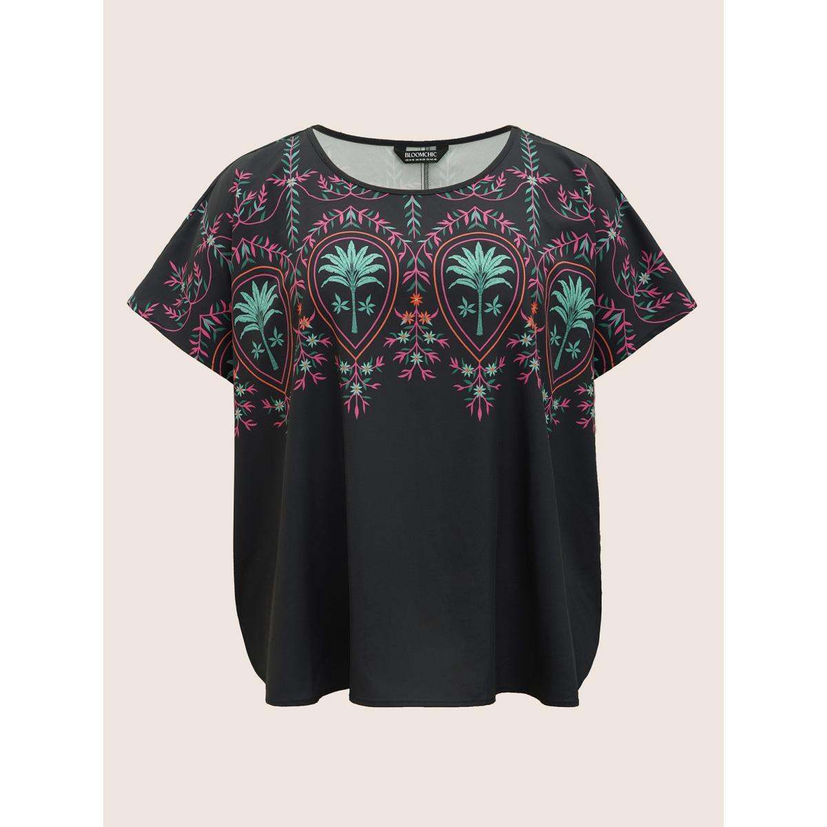 Plus Size Black Round Neck Boho Print Dolman Sleeve Blouse Women Resort Short sleeve Round Neck Vacation Blouses BloomChic 22-24/3X Product Image