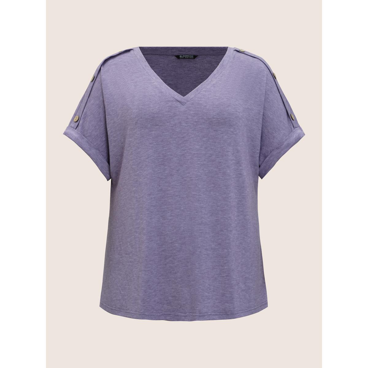 Plus Size Plain Button Detail Batwing Sleeve T-shirt Mauve Women Casual Plain V-neck Everyday T-shirts BloomChic 14-16/1X Product Image
