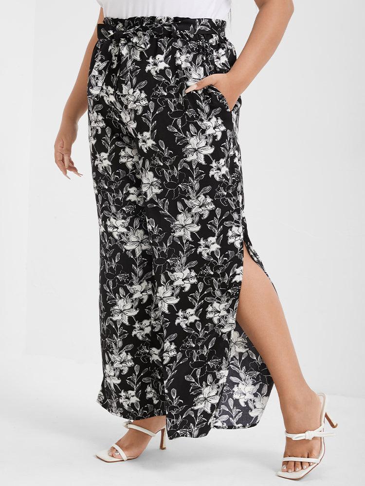 Floral Print Pocket Split Straight Pants Female Product Image