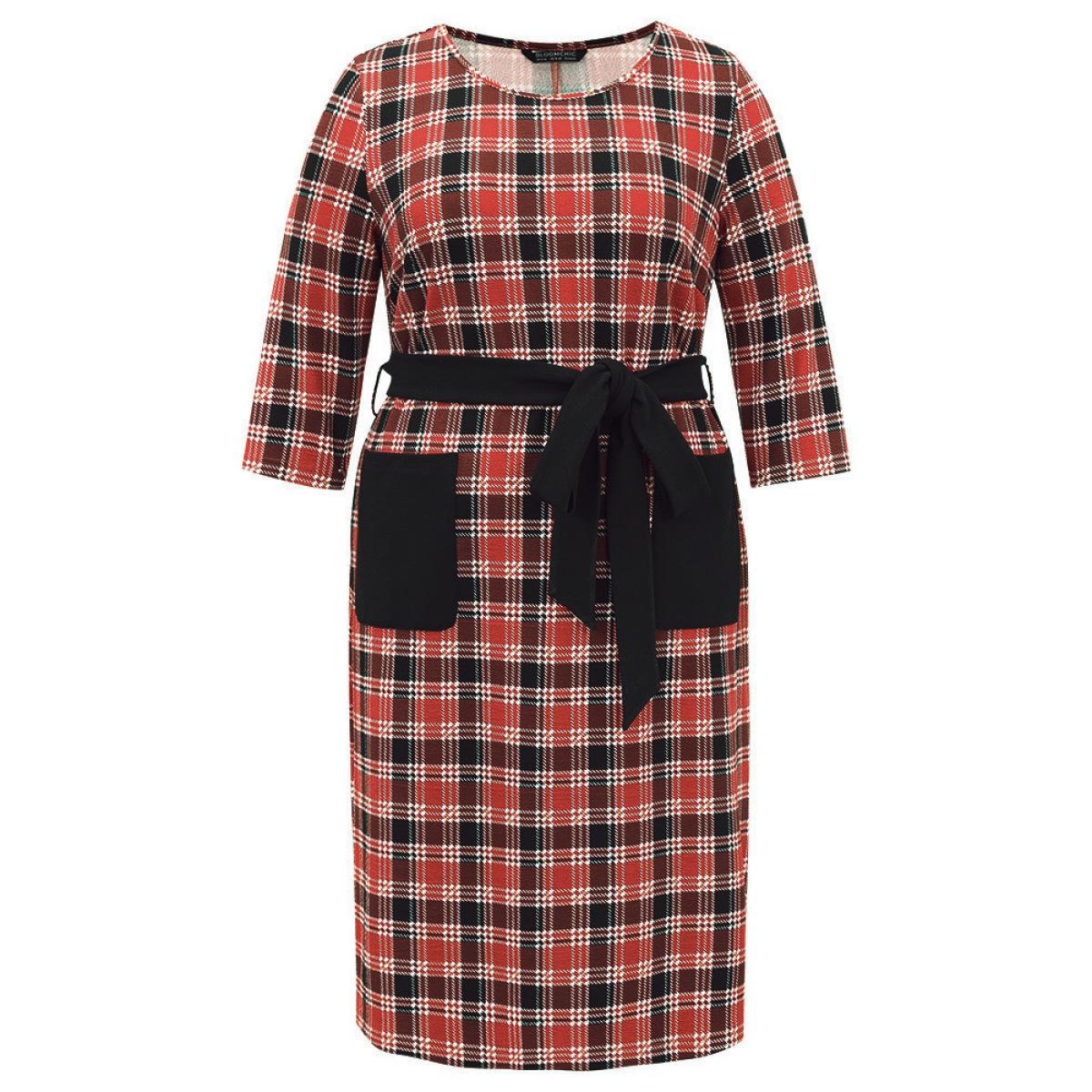 Plus Size Christmas Plaid Belted Patched Pocket Dress Crimson Women Office Belted Round Neck Elbow-length sleeve Curvy Midi Dress BloomChic 18-20/2X Product Image