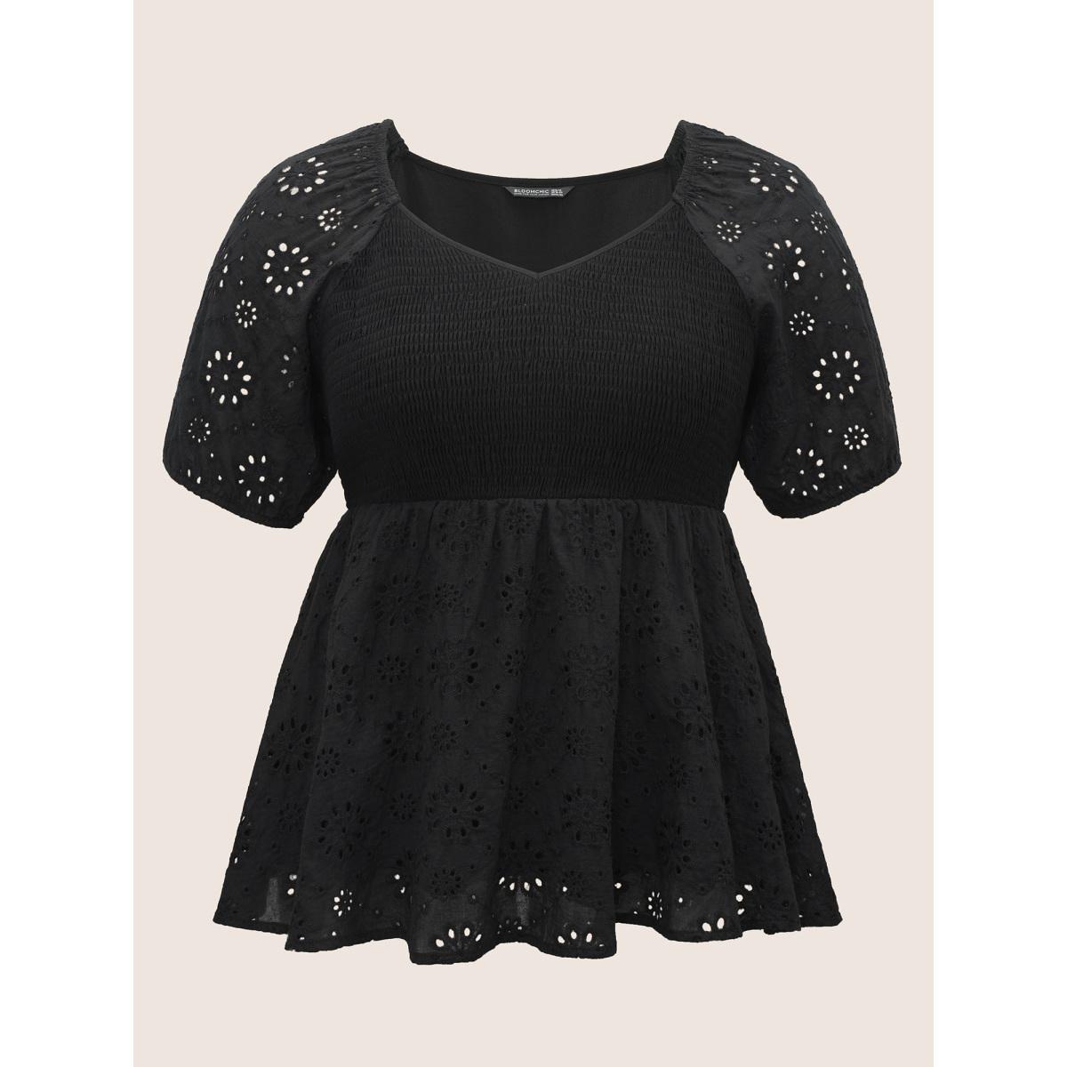 Plus Size Black Broderie Anglaise Patchwork Lantern Sleeve Shirred Blouse Women Resort Short sleeve Square Neck Vacation Blouses BloomChic 12/L Product Image