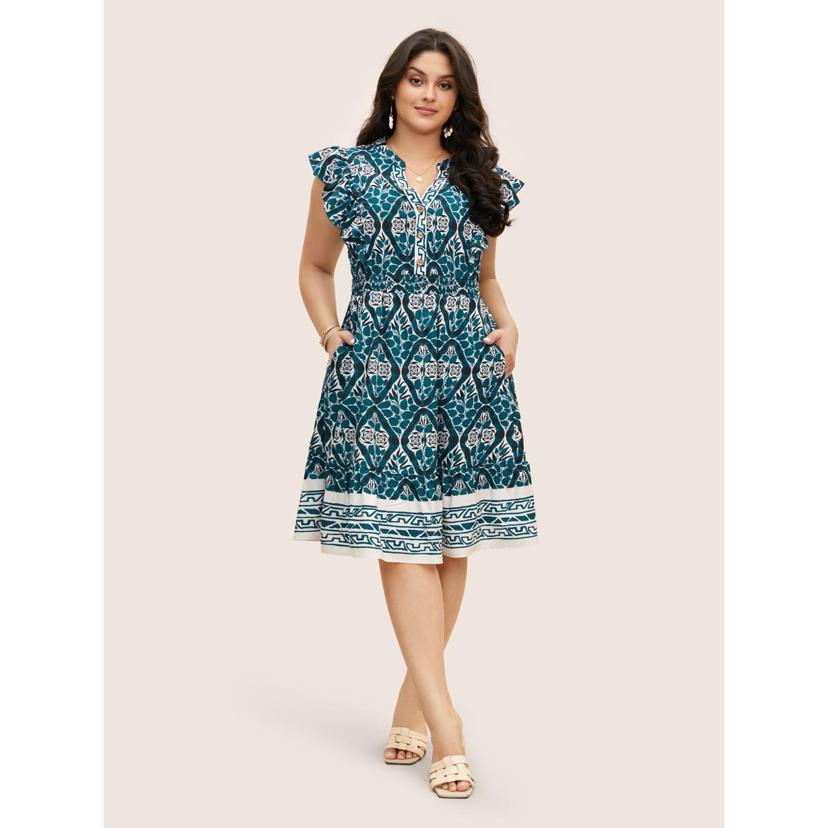 Plus Size Boho Print Ruffles Shirred Pocket Elastic Waist Dress Teal Women Boho Non Notched collar Cap Sleeve Curvy Midi Dress BloomChic 14-16/1X Product Image