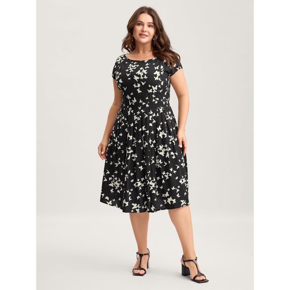 Plus Size Rayon Monochrome Butterfly Stretchy Midi Dress BlackFlower Women Timeless Boat Neck Cap Sleeve Curvy BloomChic 22-24/3X Product Image
