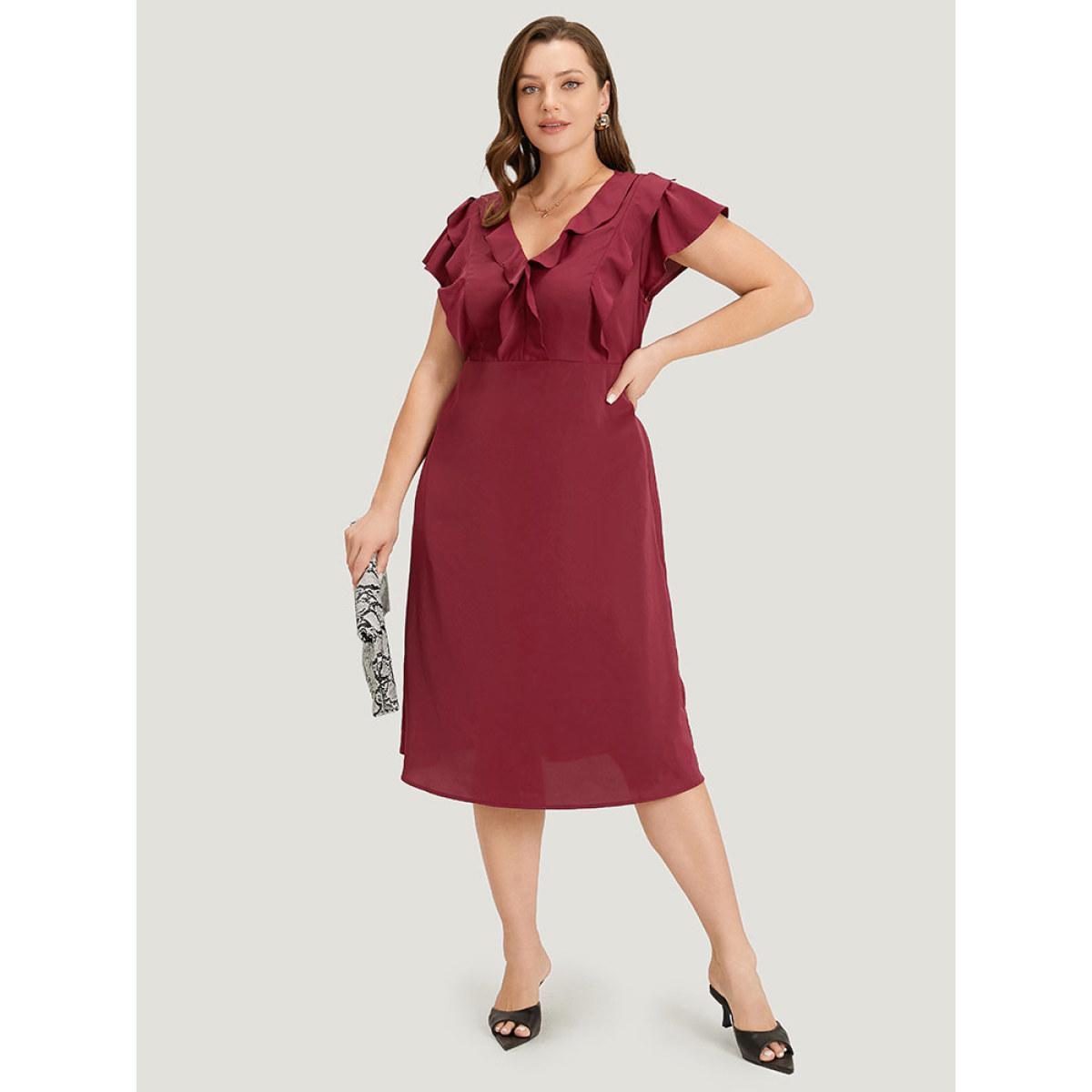 Plus Size Plain Ruffle Trim Pocket Cap Sleeve Midi Dress Scarlet Women Office Plain V-neck Sleeveless Curvy Midi Dress BloomChic 14-16/1X Product Image