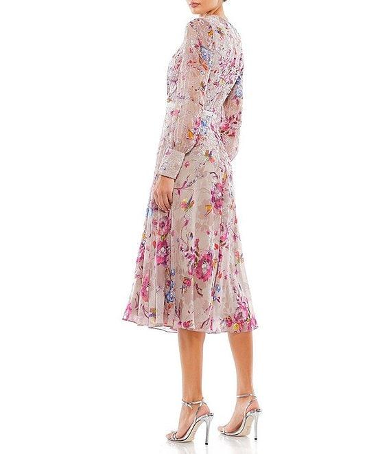 Mac Duggal Floral Print V-Neck Long Sleeve Midi Dress Product Image