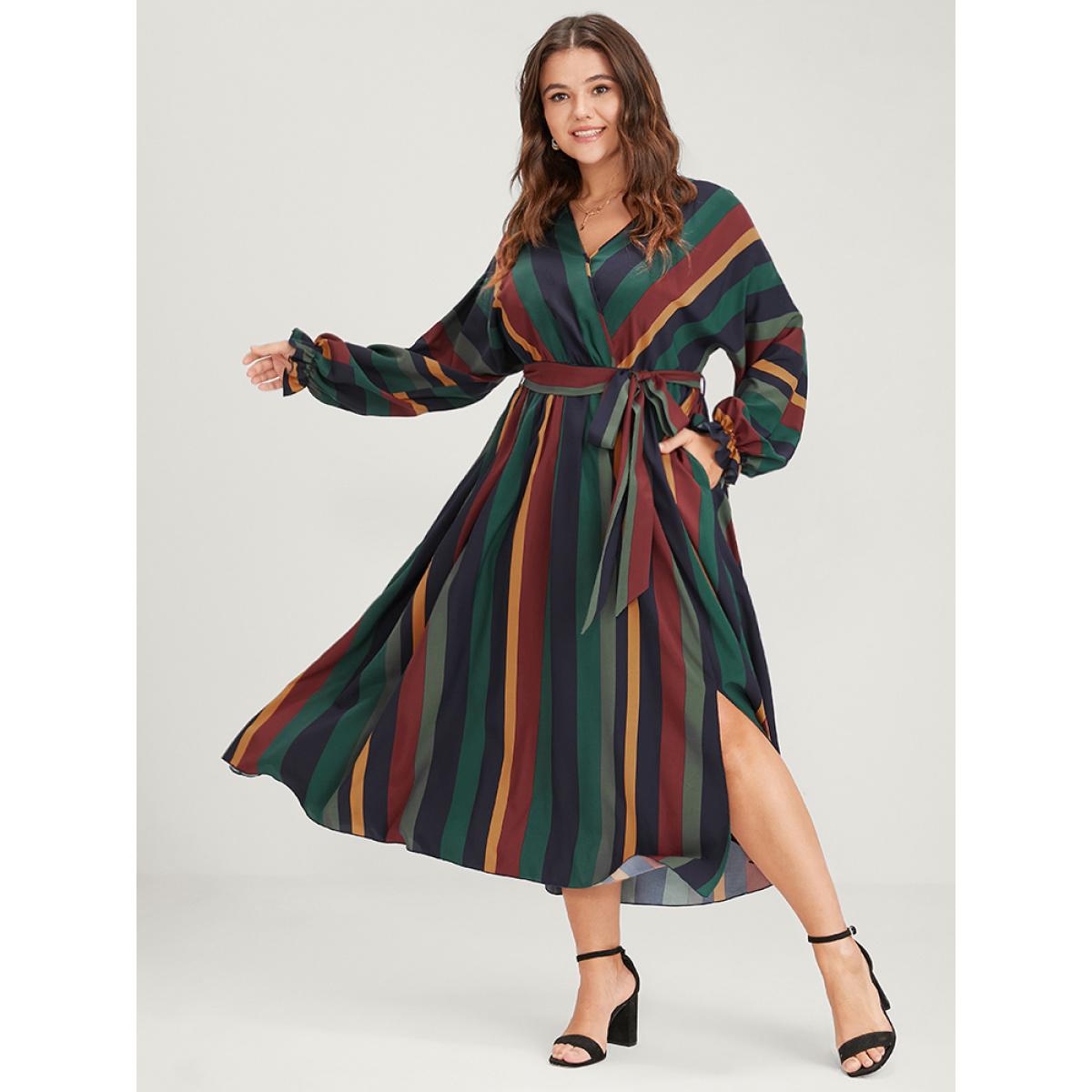 Plus Size Striped Pocket Dolman Sleeve Wrap Button Flutter Belted Split Dress Multicolor Women Vacation Cross straps V-neck Long Sleeve Curvy Long Dress BloomChic 26/4X Product Image