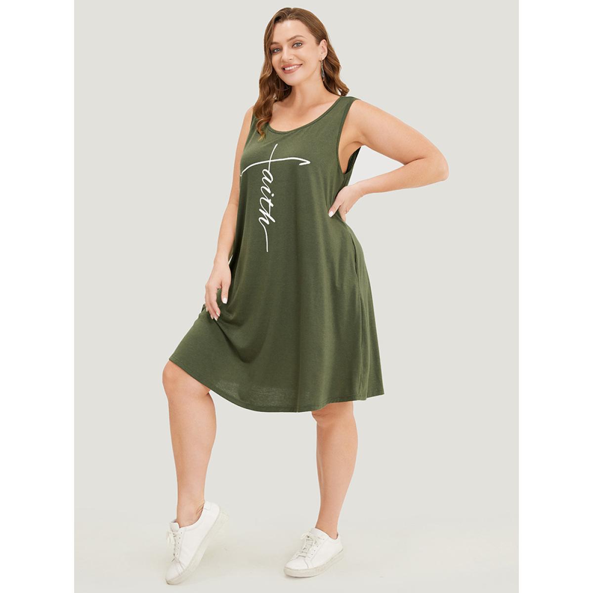Plus Size Graphic Print Sleeveless Pocket Tank Dress ArmyGreen Women Casual Pocket Round Neck Sleeveless Curvy Knee Dress BloomChic 14-16/1X Product Image