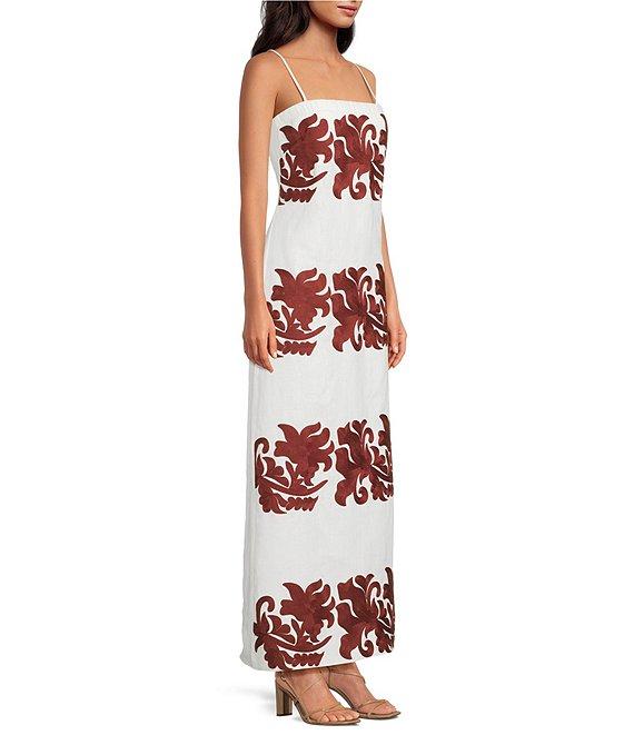 Le' AL.X Linen Embroidered Square Neck Sleeveless Spaghetti Strap Column Side Slit Maxi Dress Product Image