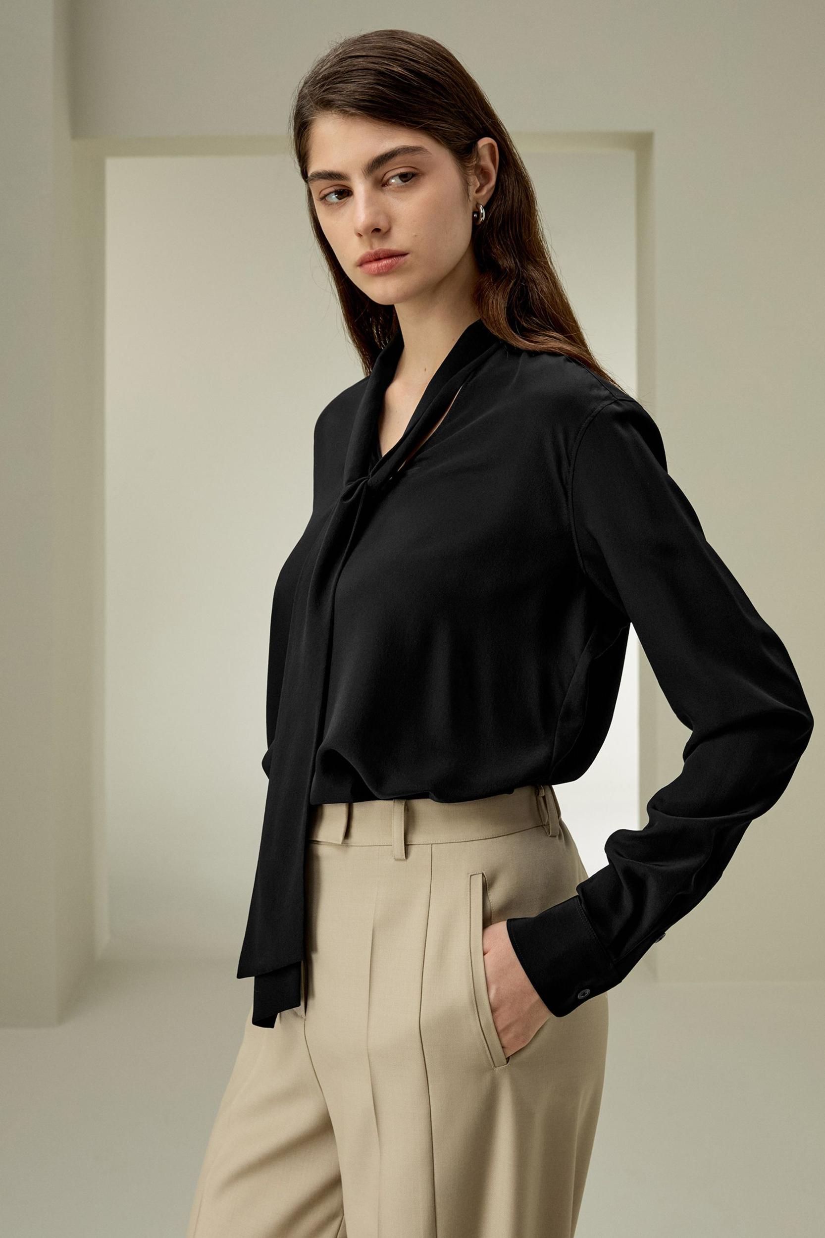 LILYSILK Womens Button Up Shirt Silk - Black Mulberry Silk - Versatile Deep V-Neck Tops S Product Image